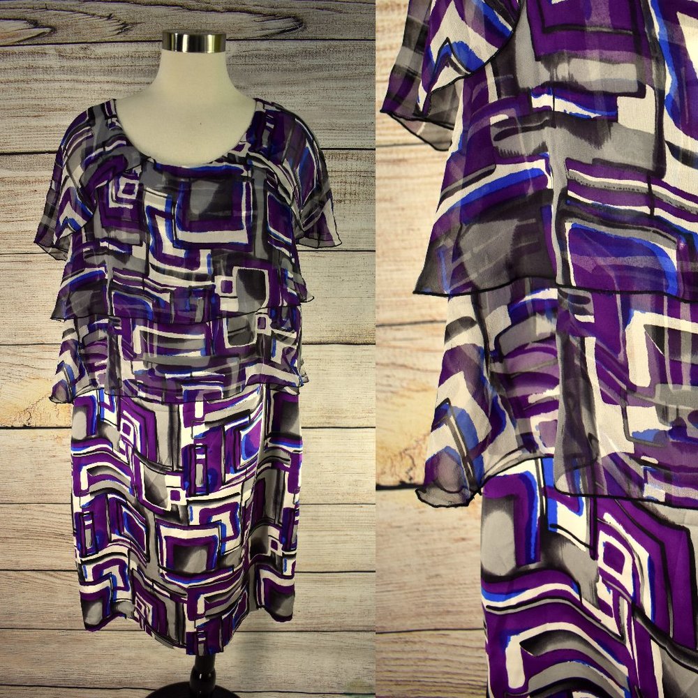 ICON Lane Bryant Dress 14 Layered 100% Silk Chiffon Charmeuse Geometric Layered